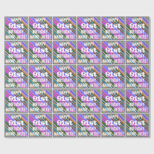 Vibrant, Colorful 91st Birthday + Custom Name Wrapping Paper (Flat)