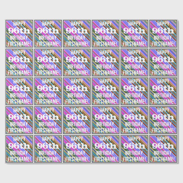 Vibrant, Colorful 96th Birthday + Custom Name Wrapping Paper (Flat)