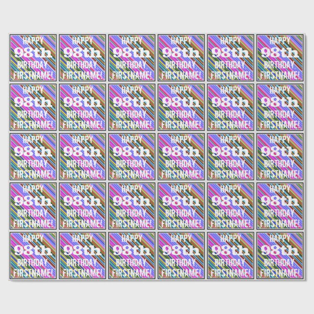 Vibrant, Colorful 98th Birthday + Custom Name Wrapping Paper (Flat)