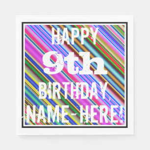 Vibrant, Colorful 9th Birthday + Custom Name Paper Napkins