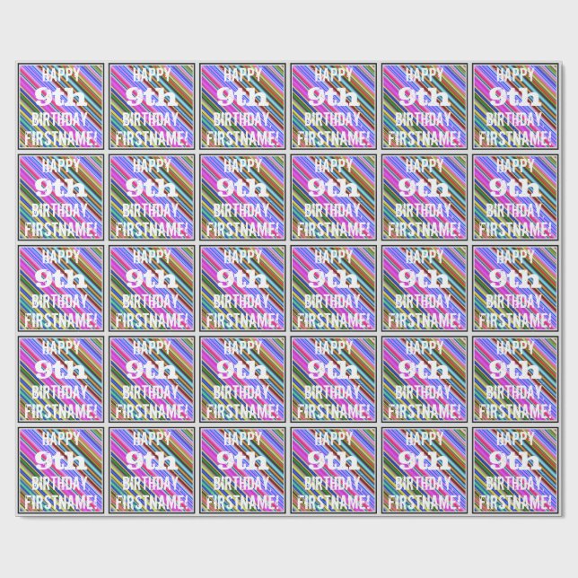 Vibrant, Colorful 9th Birthday + Custom Name Wrapping Paper (Flat)