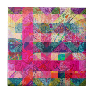 Vibrant Colorful Abstract Pink Plaid Funky Pattern Tile