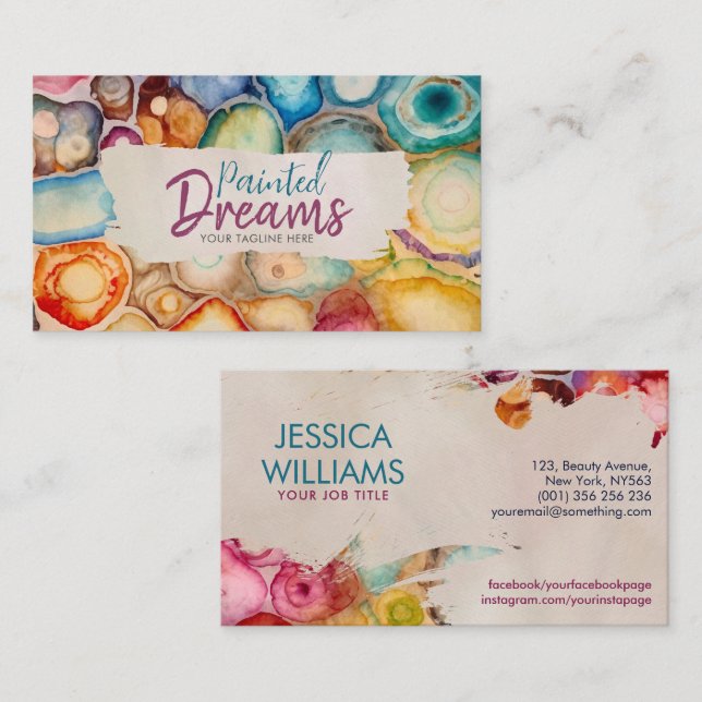Vibrant Colorful Agate Watercolor Abstract Business Card (Front/Back)