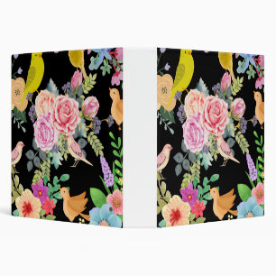 Vibrant Colorful Birds and Flowers Art on Black 3 Ring Binder