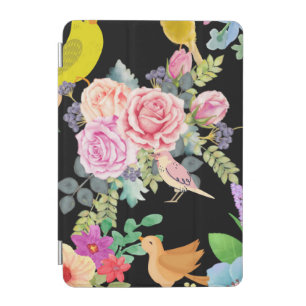 Vibrant Colorful Birds and Flowers Art on Black iPad Mini Cover