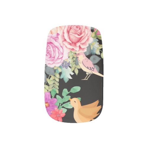 Vibrant Colorful Birds and Flowers Art on Black Minx Nail Art