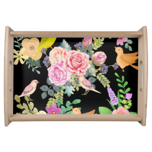 Vibrant Colorful Birds and Flowers Art on Black Serving Tray