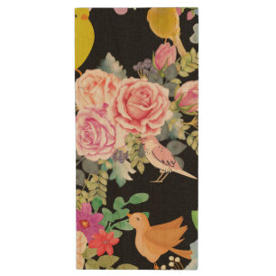 Vibrant Colorful Birds and Flowers Art on Black Wood Flash Drive