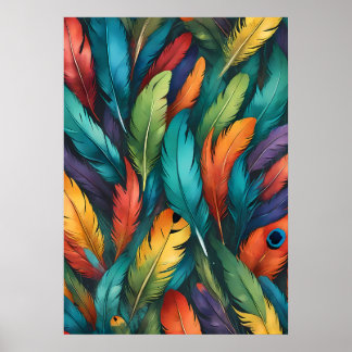 Vibrant Colorful Boho Feather Pattern Poster