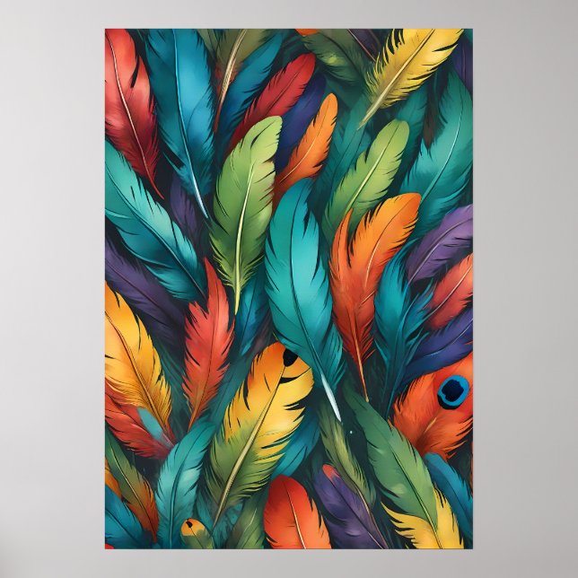 Vibrant Colorful Boho Feather Pattern Poster (Front)