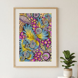 Vibrant Colorful Boho Floral Feather Doodle Art Poster