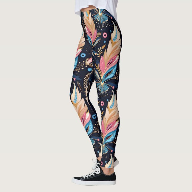 Vibrant Colorful Boho Tribal Feathers Dark Aesthet Leggings (Left)