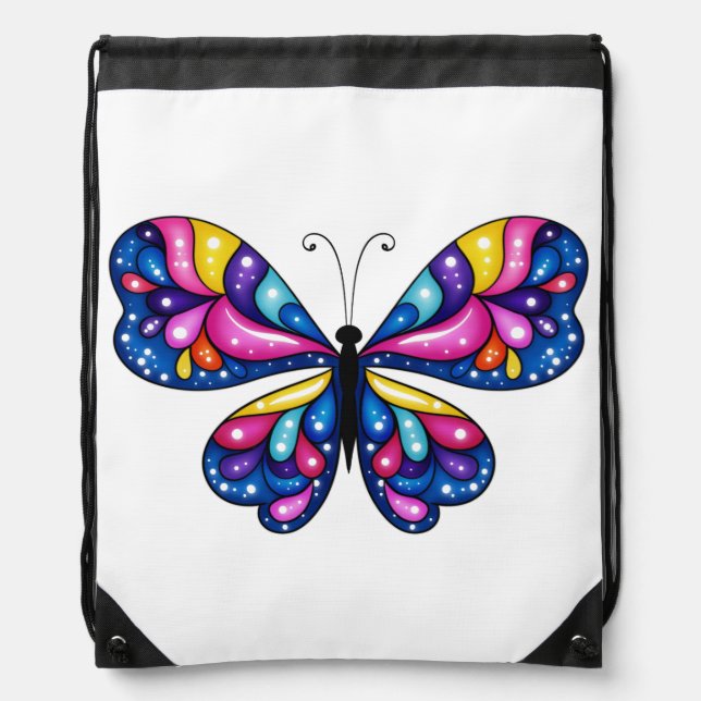 Vibrant Colorful Butterfly Drawstring Bag (Front)