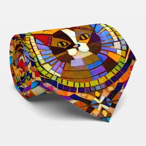 Vibrant Colorful Cat in Mosaic Tiles Neck Tie