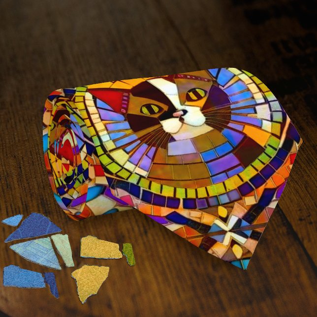 Vibrant Colorful Cat in Mosaic Tiles Neck Tie (Creator Uploaded)