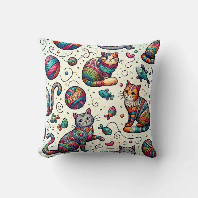Vibrant Colorful Cat Pattern Pillow Stylish  (Front)