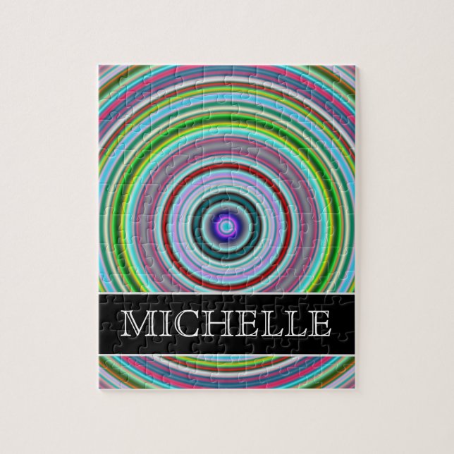 Vibrant Colorful Circles/Rings Pattern + Name Jigsaw Puzzle (Vertical)