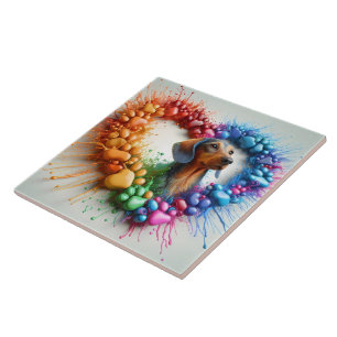Vibrant Colorful Dachshund Paw Print Design Ceramic Tile
