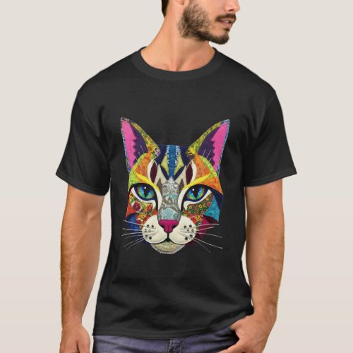 Vibrant Colorful Fake Patch Style Cat Art Lover T-Shirt