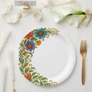 Vibrant Colorful Floral Corner Margin Design Paper Plates
