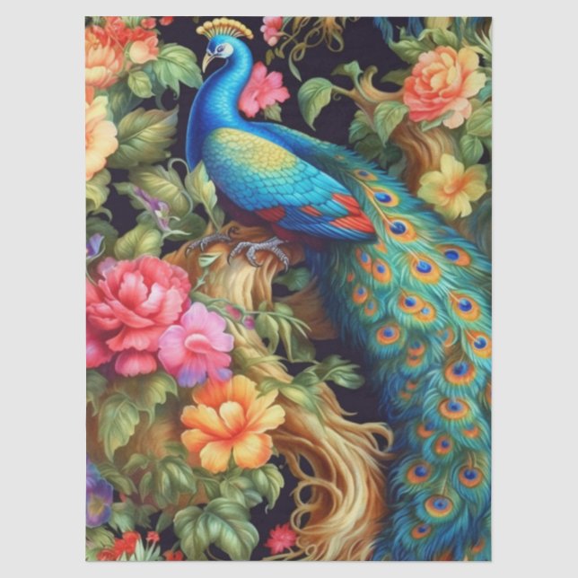 Vibrant Colorful Floral Peacock Decoupage Tissue Paper (Front)