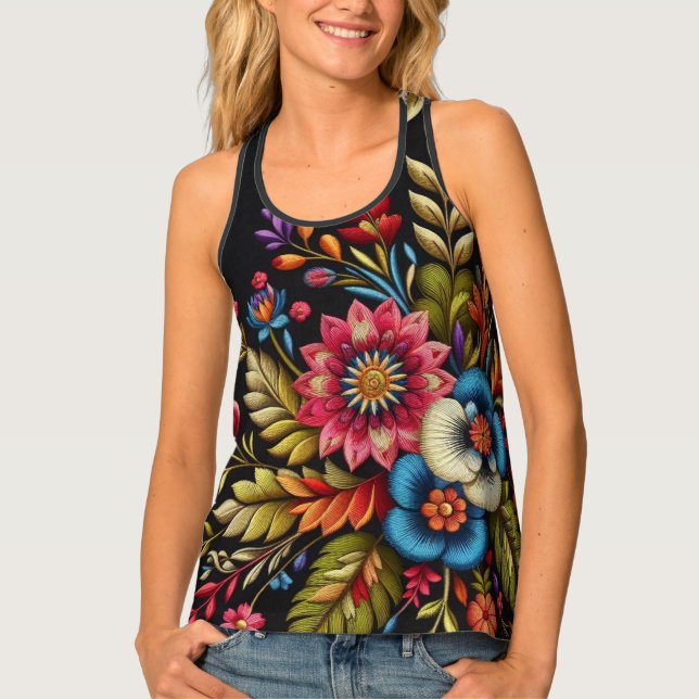 Vibrant & Colorful Flowers and Leaves Tank Top (Front)