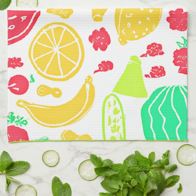 Vibrant Colorful Fruits Pattern Kitchen Towel (Folded)