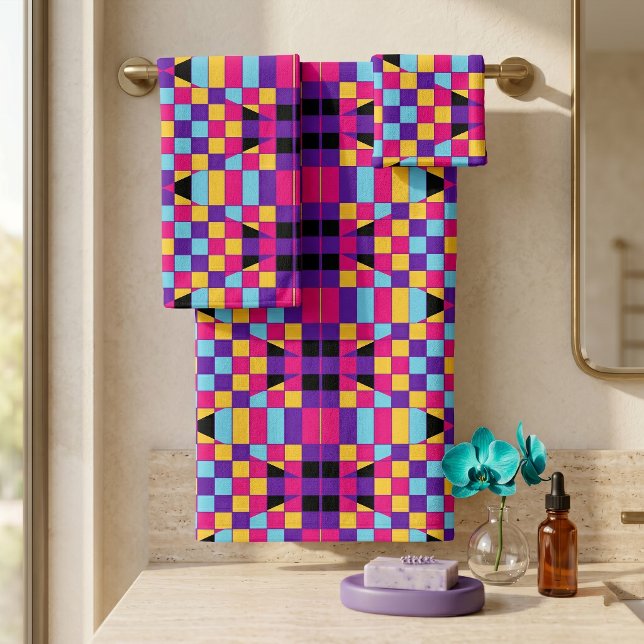 Vibrant Colorful Geometric Op Art Mosaic Checkers Bath Towel Set (Creator Uploaded)
