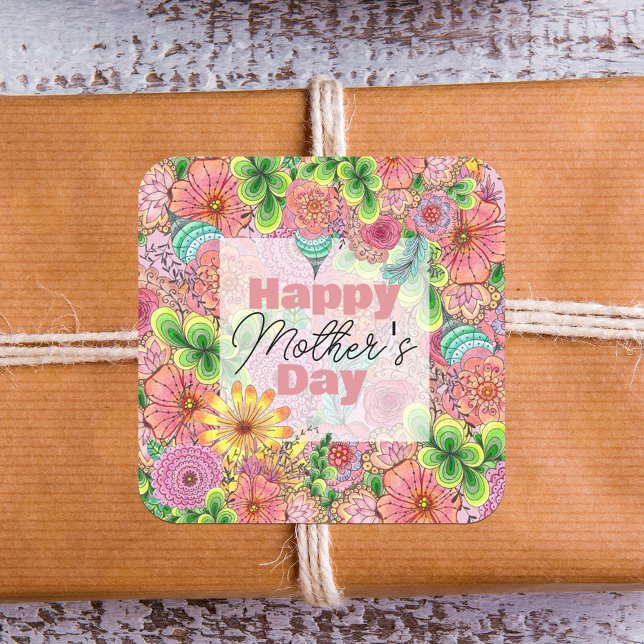 Vibrant Colorful Hand-drawn Florals Mother's Day Square Sticker (Creator Uploaded)