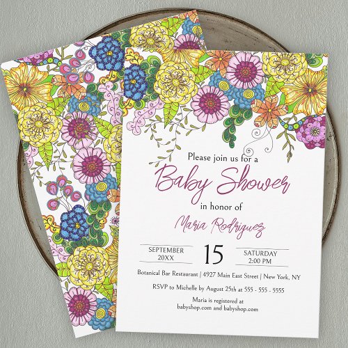 Vibrant Colorful Hand_Drawn Flowers Baby Shower Invitation