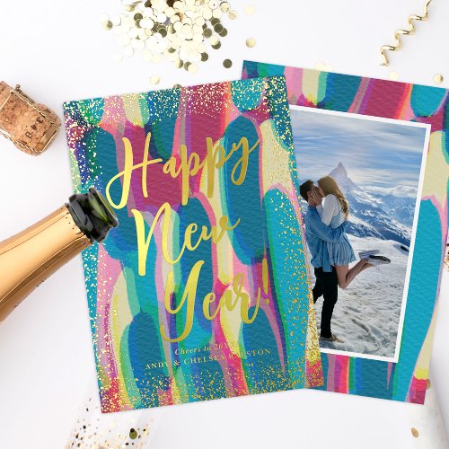 Vibrant Colorful Happy New Year Photo Foil Holiday Card