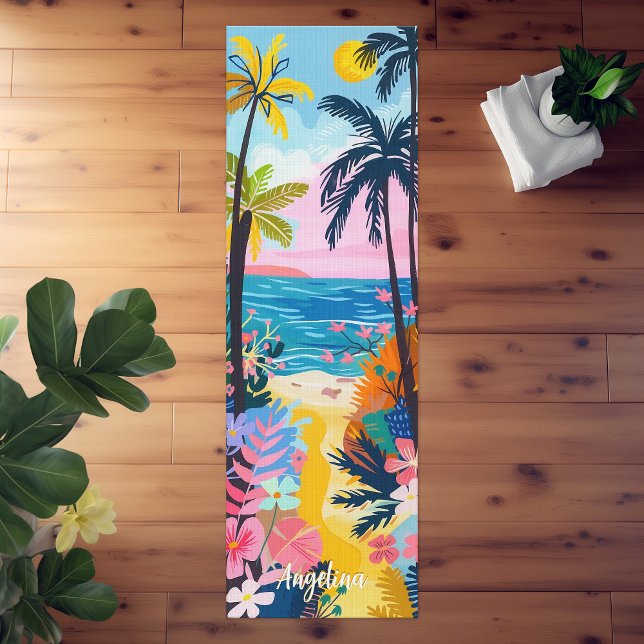 Vibrant Colorful Illustration of Tropical Beach Yoga Mat (Vibrant Colorful Illustration of Tropical Beach Yoga Mat)