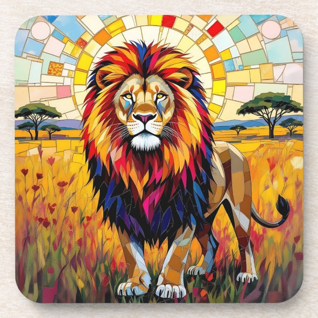 Vibrant Colorful Lion Mosaic   Beverage Coaster (Front)