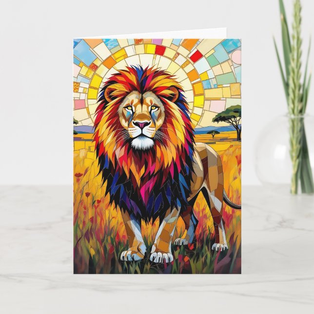Vibrant Colorful Lion Mosaic Birthday Card (Front)