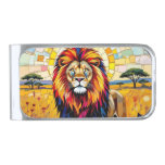 Vibrant Colorful Lion Mosaic   Silver Finish Money Clip