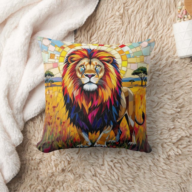 Vibrant Colorful Lion Mosaic   Throw Pillow (Blanket)