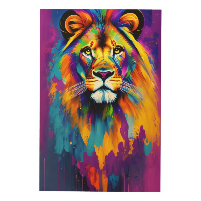 Vibrant Colorful lion | Wildlife Lion Wood Art (Front)