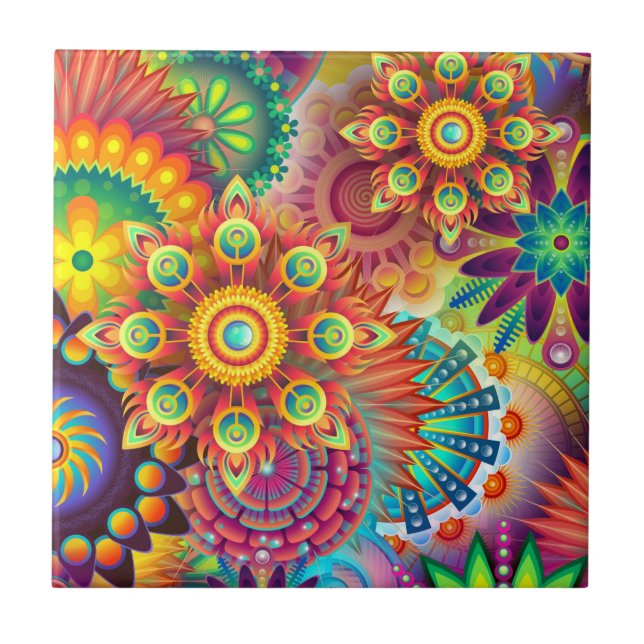 Vibrant Colorful Mandalas Pattern Ceramic Tile (Front)