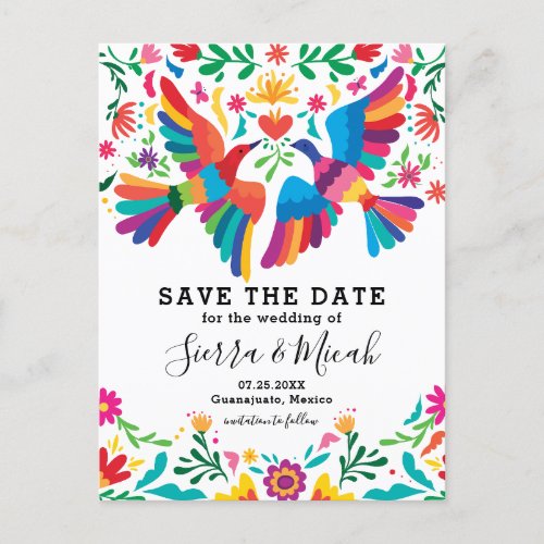 Vibrant Colorful Mexican Inspired Birds and Floral Announcement Postcard