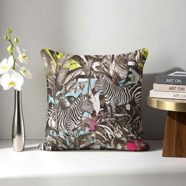 Vibrant Colorful Mixed Zebra Jungle Pattern Throw Pillow (Creator Uploaded)
