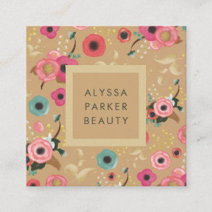 Vibrant   Colorful Modern Floral in Gold Square Business Card