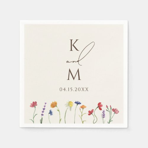 Vibrant Colorful Monogram Wildflower Bloom Wedding Napkins