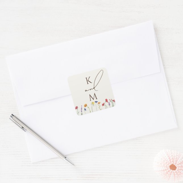 Vibrant Colorful Monogram Wildflower Bloom Wedding Square Sticker (Envelope)