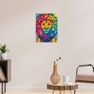 Vibrant Colorful Mosaic Lion Geometric Abstract Po Poster