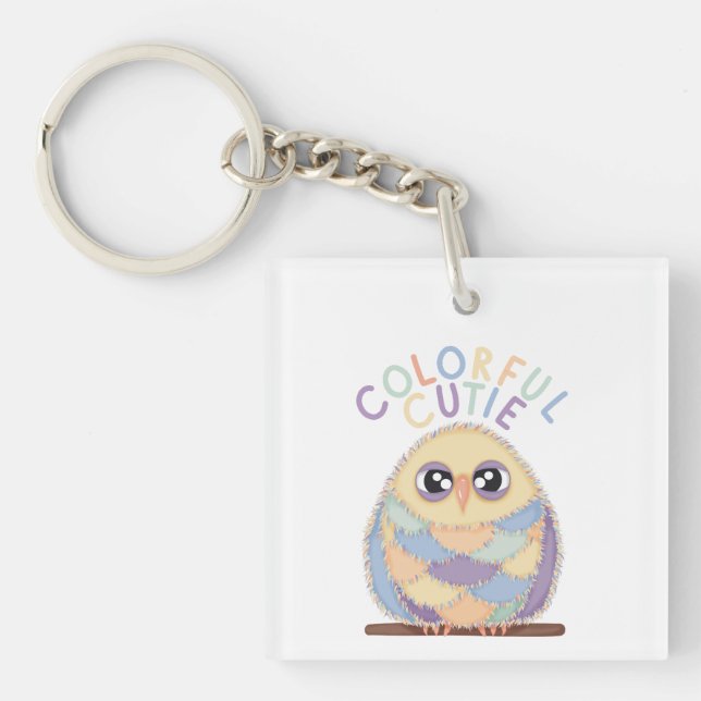 Vibrant Colorful Owl with Text Keychain (Front)