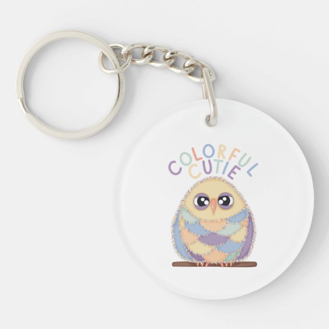 Vibrant Colorful Owl with Text Keychain (Front)