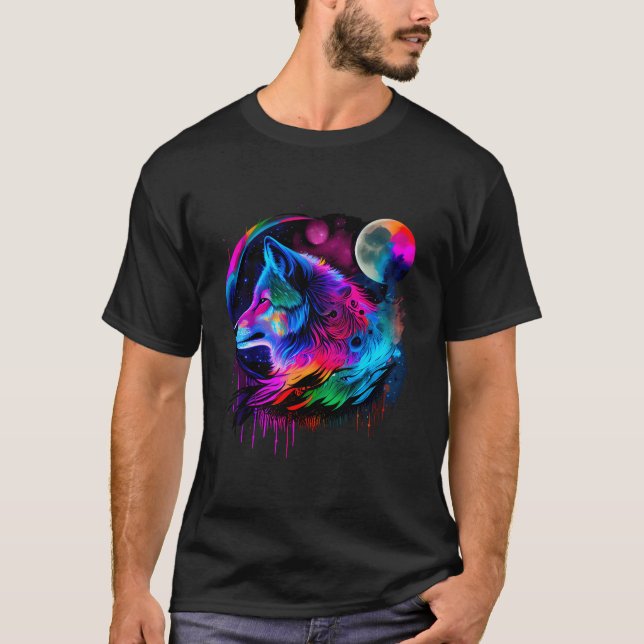 Vibrant Colorful Paint Wolf Face Wilderness T-Shirt (Front)