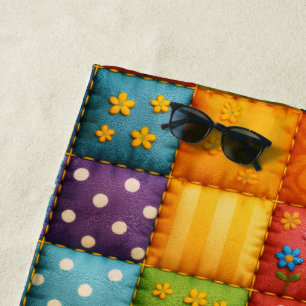 Vibrant Colorful Patchwork Quilt Pattern Beach Towel