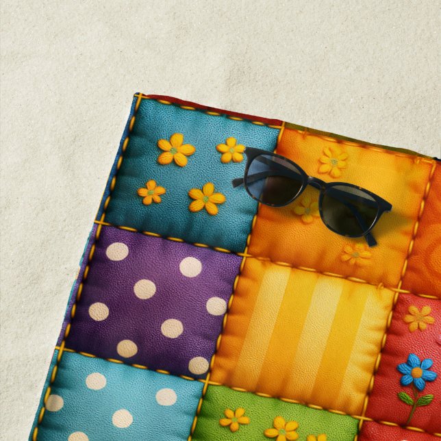 Vibrant Colorful Patchwork Quilt Pattern Beach Towel (In Situ)
