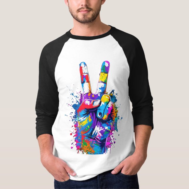 Vibrant Colorful Peace Sign Hand Digital Art  T-Shirt (Front)